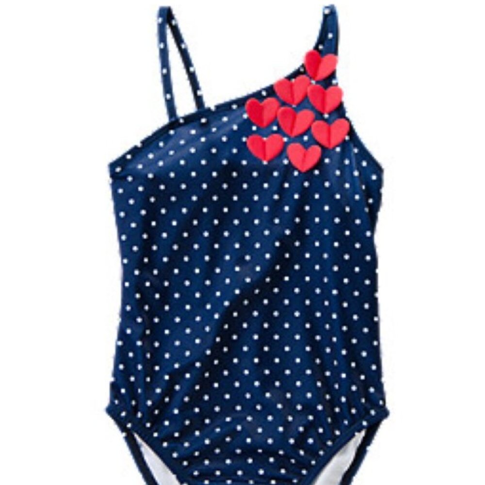NWT Gymboree Retro Polka Dot Hearts Swimsuit Swimwear Nautical Navy Girls 12 - Picture 2 of 2